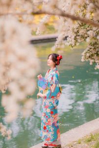 Áo Yukata Kimono Xanh Hoa Anh Đào Tặng Kèm Thắt Lưng
