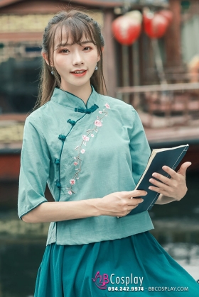 Hán Phục Chụp Ảnh Dễ Thương Áo Xanh Váy Xanh