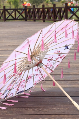 Dù Vải Cổ Trang Hồng _ Hoa Đào Và Chim Én 35