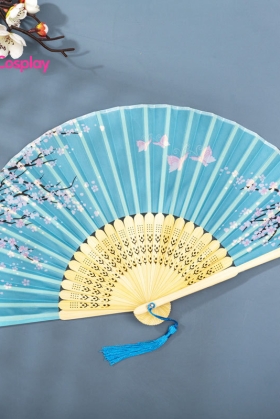 Quạt Xếp Xanh Ngọc Nhành Đào Có Bướm Hồng