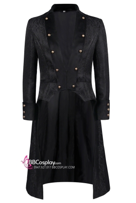 Áo Khoác Nam Tước Châu Ân Đen In Hoa Văn Chìm Cổ Nhung