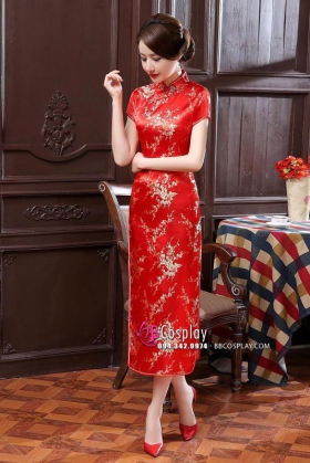 Áo Sẫm Quảng Châu Đỏ Dài In Hoa