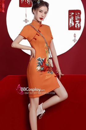 Sườn Xám Hiện Đại Cam Orange Cam