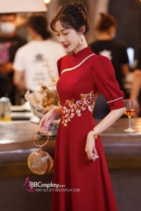Váy Dạ Hội Đỏ Dài Thêu Hoa Đi Tiệc Đón Khách Lễ Khai Trương