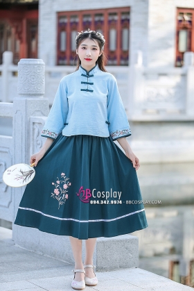 Hán Phục Cách Tân Áo Xanh Váy Xanh
