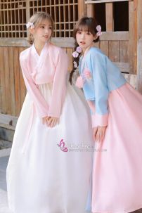 Hanbok Hàn Quốc Áo Xanh Váy Cam Đào