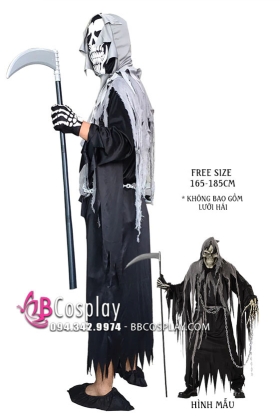 Đồ Thần Chết Grim Reaper Đen Chùm Đầu Xám In Sọ 2020