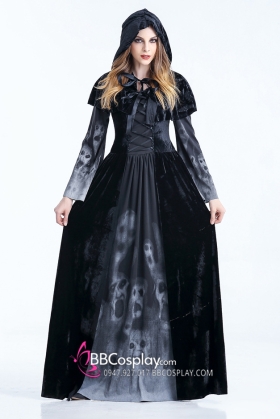 Đầm Đen Halloween Có Hình Sọ Oan Hồn Huyền Ảo