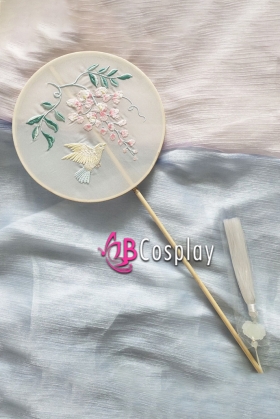 Quạt Mỹ Nhân Trắng Cán Dài - Sẻ Và Hoa Thêu