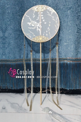 Quạt Mỹ Nhân Trắng Cán Dài - Hoa Rơi Vàng