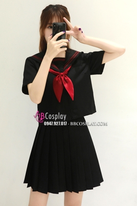 Seifuku Nữ Sinh Áo Đen Phối Viền Cổ Đỏ Tay Ngắn Váy Đen