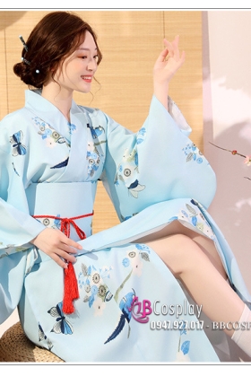 Yukata Xanh In Hình Chim Và Hoa