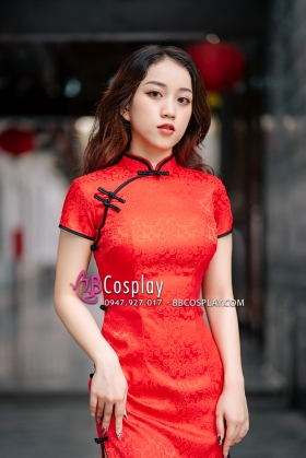 Sườn Xám Gấm Thái Đỏ Viền Đen