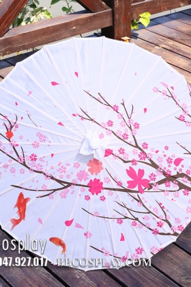 Dù Vải Cổ Trang Trắng Cá Vàng Và Hoa