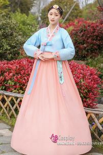 Đồ Hanbok Hàn Áo Xanh Váy Carot Viền Carot Thêu Hoa