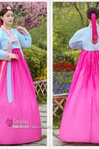 Đồ Hanbok HQ Đẹp Áo Xanh Váy Hồng Viền Carot Thêu Hoa