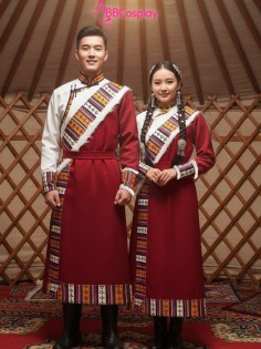 Trang Phục Cặp Đôi Mông Cổ Khoác Đỏ Viền Lông Trắng