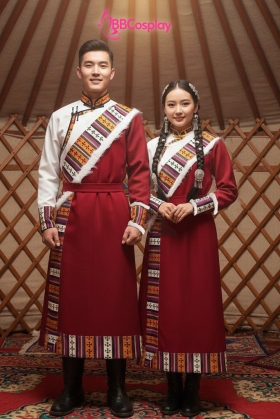 Trang Phục Cặp Đôi Mông Cổ Khoác Đỏ Viền Lông Trắng