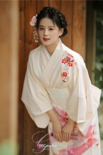 Áo Yukata Kimono Trắng Kem Tặng Kèm Thắt Lưng