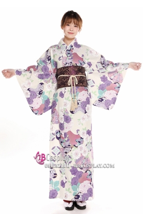 Yukata Hoa Tím Môn Nền Kem