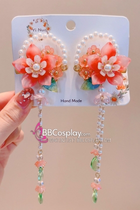 Cặp Kẹp Tóc Hoa Đỏ Kèm Ngọc Trai Kiểu Tiên Cá