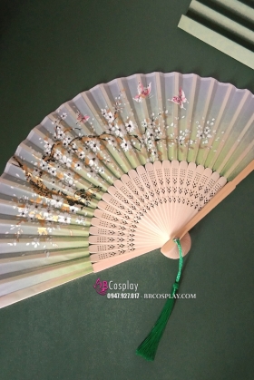 Quạt Xếp Bướm Hoa Nền Vàng Lime