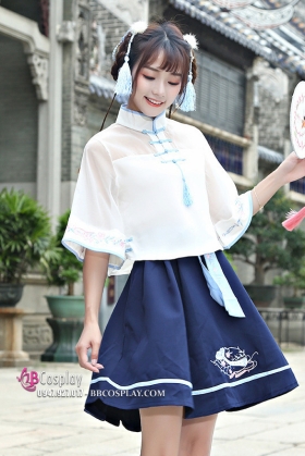 Hán Phục Cách Tân Áo Trắng Váy Xanh Cổ Tàu