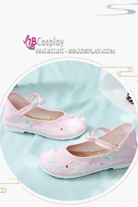 Giày Thêu Bạch Thố Màu Hồng - Đế Bằng 2Cm