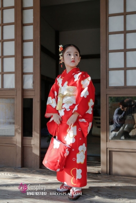 Kimono Bé Gái Đỏ Hoa Đào (HÀNG ORDER)