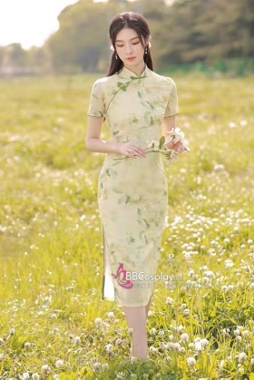 Sườn Xám Chụp Ngoại Cảnh Hoa Trà Viền Xanh Mạ Xẻ Tà