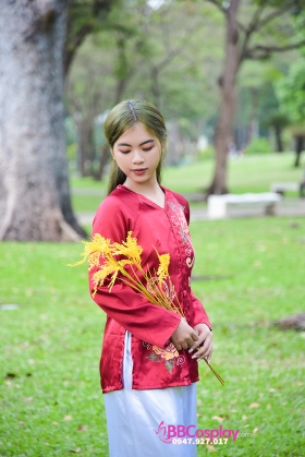 Đồ Bà Ba Phi Đỏ Đô Hoa Vẽ Tay Nữa Áo