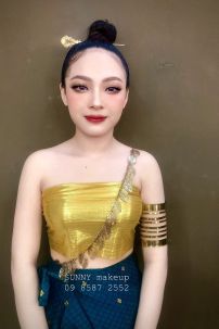 Trang Phục Thái Lan Sexy Áo Vàng - Váy Xanh Lam Viền Gấm Nâu