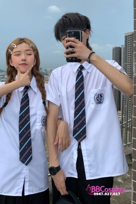 Đồng Phục Nam Sinh Áo Trắng Logo Xanh Dương