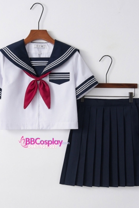 Đồ Seifuku Nữ Sinh Nhật Áo Trắng 3 Sọc - Váy Xanh Đen