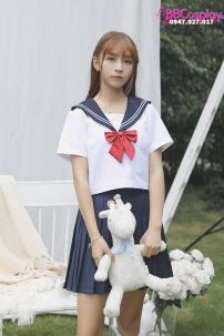 Trang Phục Seifuku Nữ Sinh Nhật Áo Trắng 2 Sọc - Váy Xanh Đen Cơ Bản