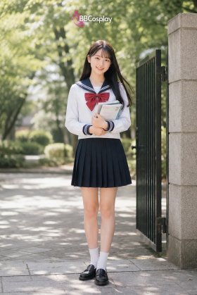 Đồ Seifuku Nữ Sinh Nhật Cơ Bản - Áo Trắng 2 Sọc Váy Xanh Đen Tay Dài