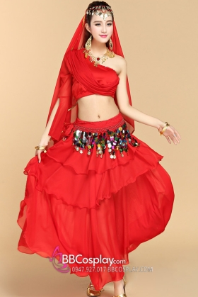 Trang Phục Múa Bụng Belly Dance Vai Chéo Màu Đỏ