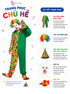 Trang Phục Chú Hề Áo Liền Thân Màu Xanh Lá Hoạ Tiết Bong Bóng