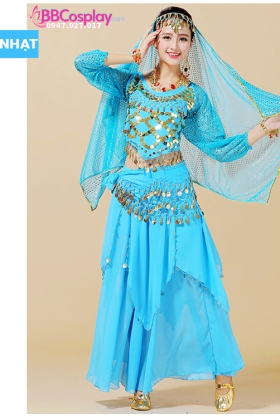 Trang Phục Cô Dâu Ấn Độ Xanh Nhạt Tay Dài Váy Nhọn