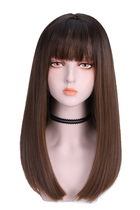 Tóc Giả Nâu Đen Mái Thưa Cúp Nhẹ 65Cm