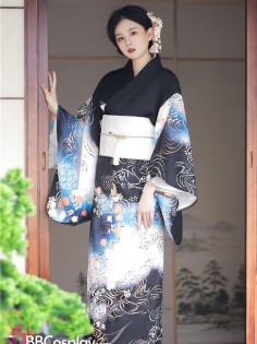 Áo Yukata Pháo Xuân Mùa Hè Nền Đen Tặng Kèm Thắt Lưng