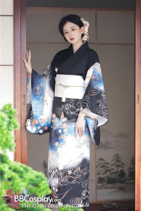 Áo Yukata Pháo Xuân Mùa Hè Nền Đen Tặng Kèm Thắt Lưng