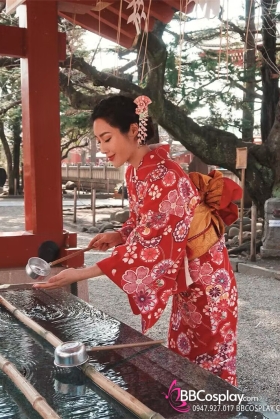 Áo Yukata Nhật Nền Đỏ Hoa Đào