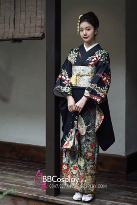Kimono Nhật Nền Đen Bướm Cam