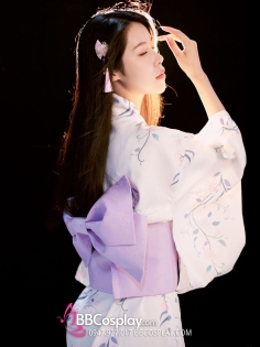 Yukata Nhật Nền Trắng Hoa Leo Tím Hồng