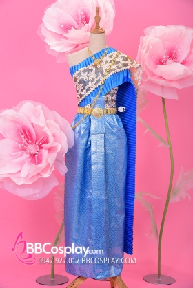 Trang Phục Chakkri Thái Lan Xanh Lam Sabai Vàng