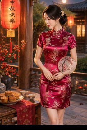 Sườn Xám Thượng Hải Đỏ Ngắn Phượng Hoàng