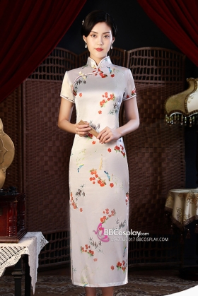 Sườn Xám Trắng Dài In Hoa