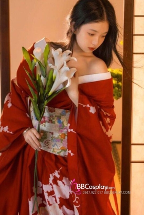 Áo Yukata Đỏ Họa Tiết Bướm Hoa Kèm Thắt Lưng