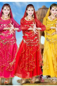 Đồ Múa Bụng Màu Xanh Nhạt Tay Dài Váy Kim Tuyến Rũ Mẫu Mới 2023
